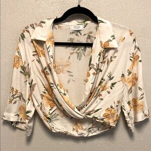 Sage The Label Linen Blend Earthy Floral Festival Boho Crop Top 3475